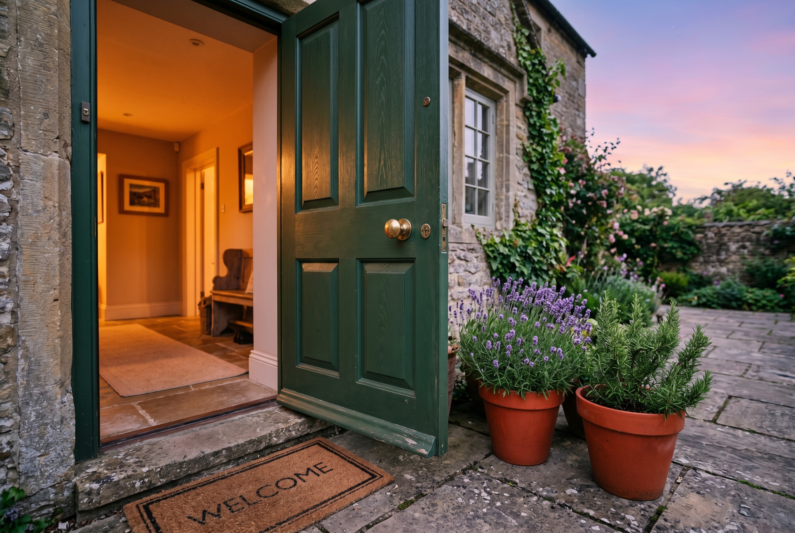 A welcoming front door, open to warm light, with a doormat reading welcome
