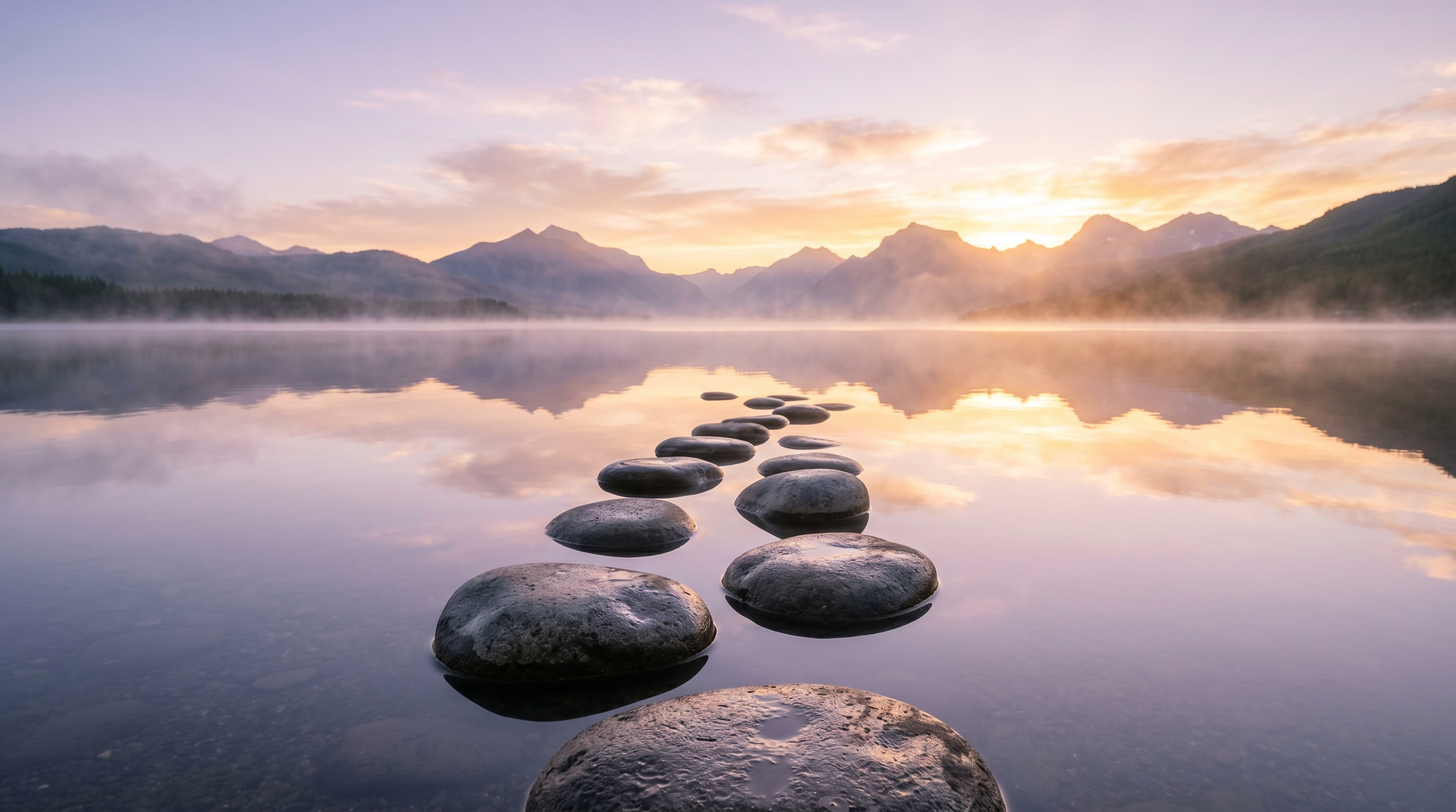 Stepping stones crossing calm water towards a golden sunrise