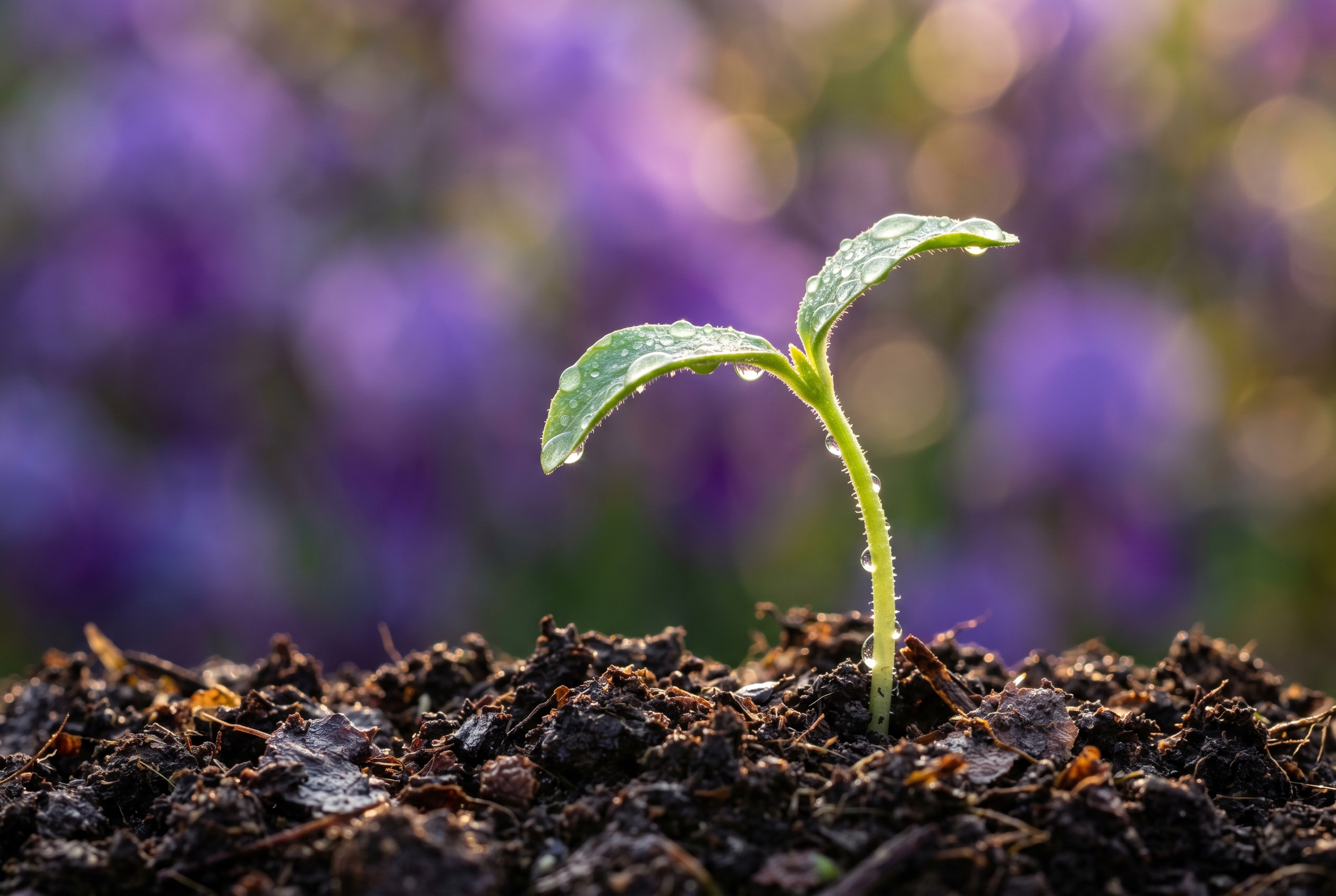 A young green seedling reaching towards warm light